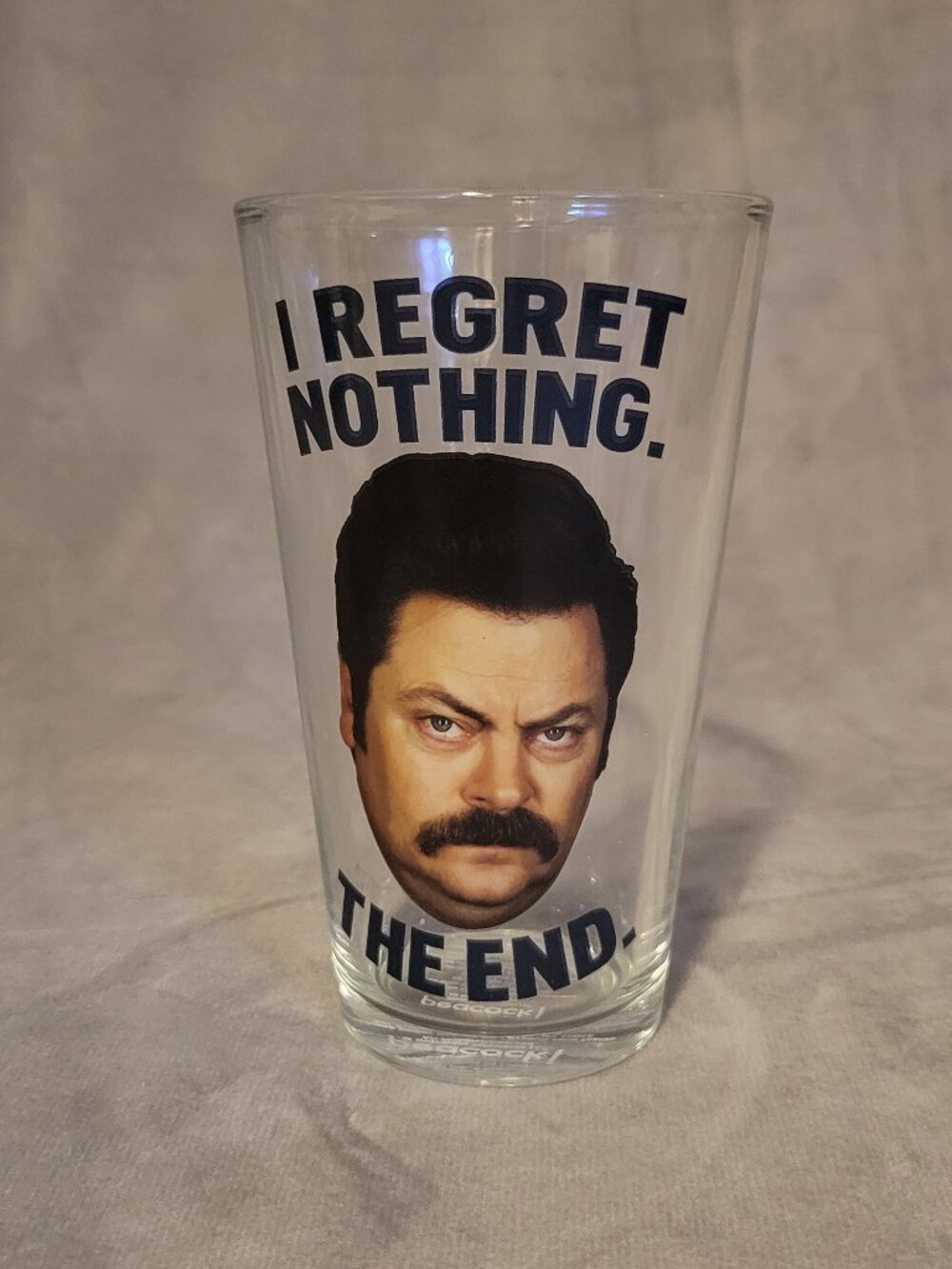 Parks and Recreation I Regret Nothing The End Pint Glass Ron Swanson NEW
